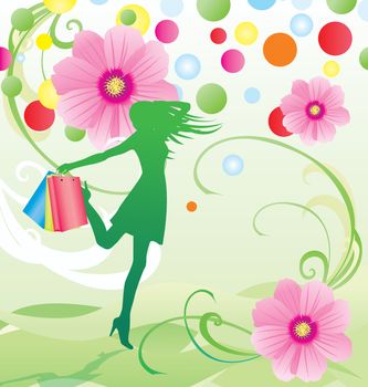 spring and summer flowers sale vector with girl with shopping bags
