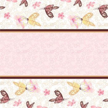 pink flowers and butterflies pattern with clear blank vector