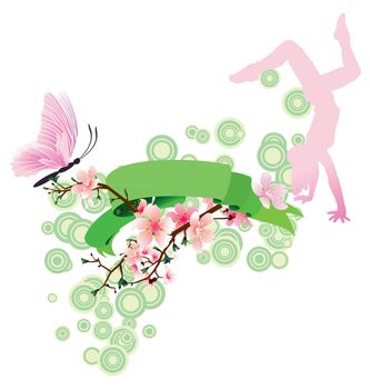 spring scroll with sakura blossom, butterfly, dancing girl and green decor vector