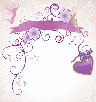 violet or purple fairies and flowers heart scrollon white background