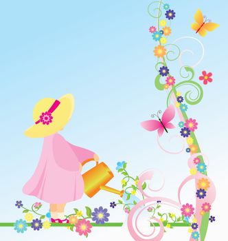 vector girl in pink dress and yellow hat watering flowers in the garden