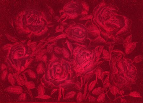 red roses pensil draw dark floral vintage background