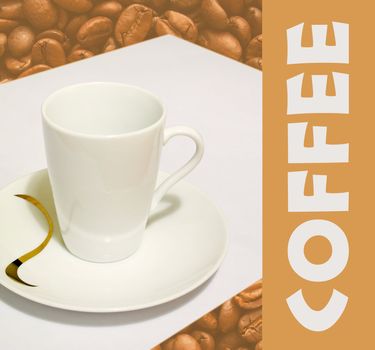 Background with white cup and roasted coffee beans