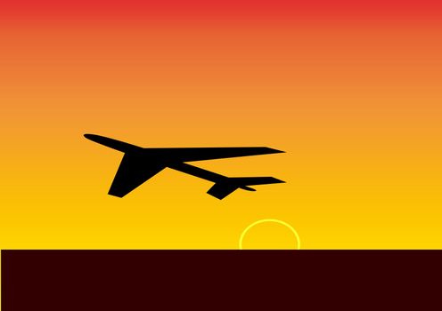 airplane taking off at sunset