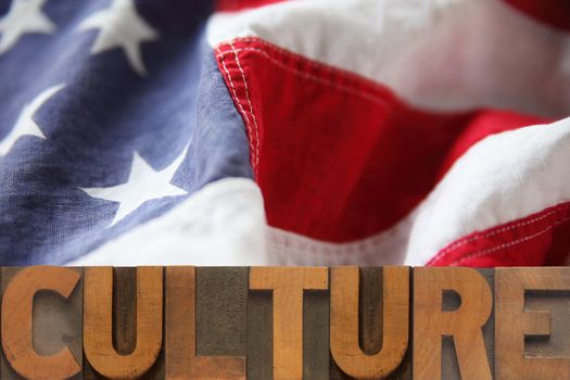 the word culture on an American flag background