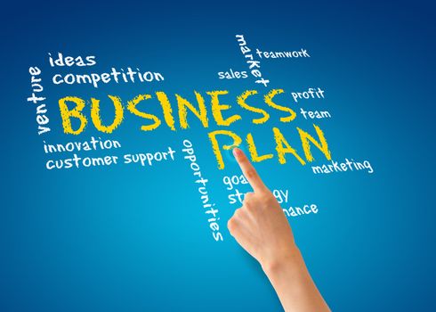 Hand pointing at a Business Plan Illustration.