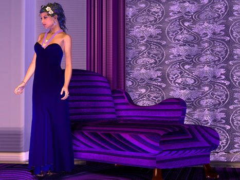 A beautiful young lady poses in a modern luxury room in lilac and purple colors.