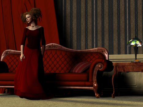 A beautiful women poses in a red dress in room full of luxury Victorian furniture.