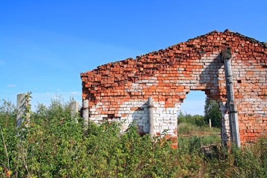 red brick destroyed building amongst green herb