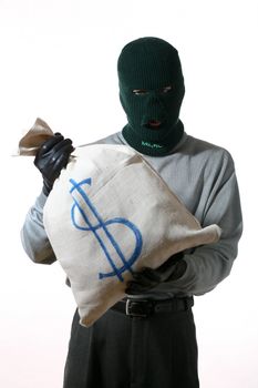 An image of a man in mask and sack with money
