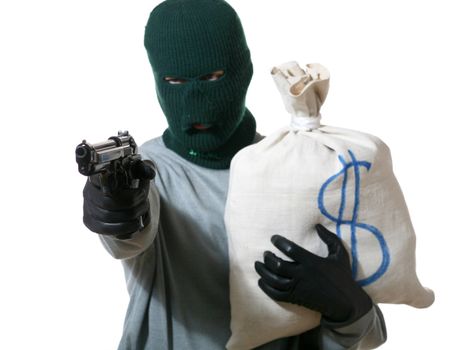 An image of a man in mask with gun and bag