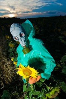 Man in gas mask on sunflower field