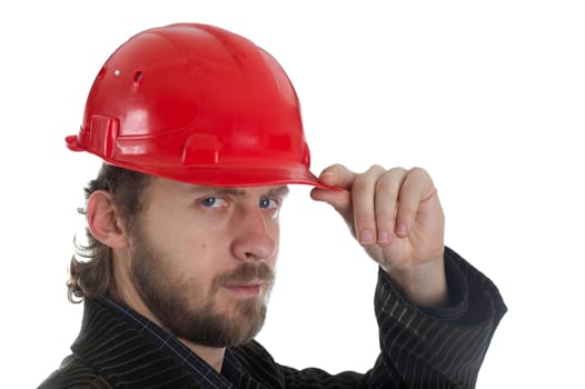 An image of man in a red helmet