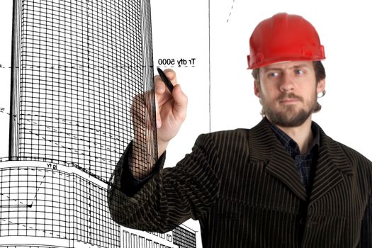 An image of constructor in a rad helmet drawing with a pen