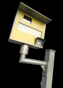 Yellow speed camera over black background. 3D render.