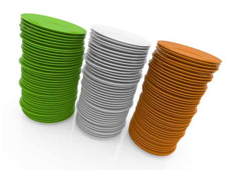 Three stacks of plates forming Irish flag. 3D rendered illustration.