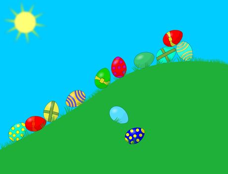 Various coloured Easter eggs rolling down a hill