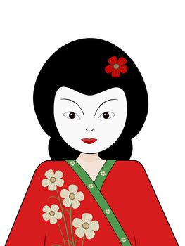 Illustration of a Geisha in a red floral kimono