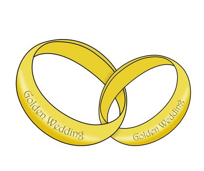 Two gold wedding rings linked together with the words Golden Wedding around them