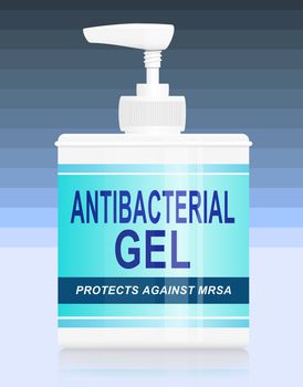 Illustration depicting a single antibacterial gel dispenser arranged over blue stripe gradient background.