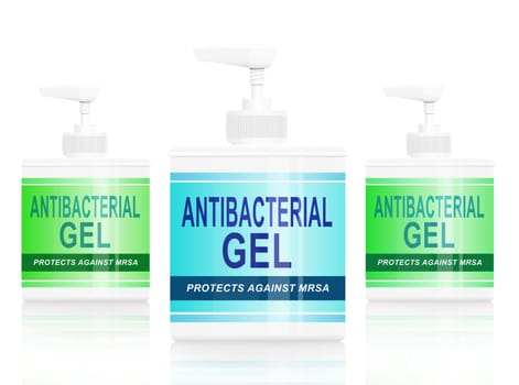 Illustration depicting three antibacterial gel dispensers arranged over white background.