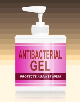 Illustration depicting a single antibacterial gel dispenser arranged over warm pastel colour stripe gradient background.