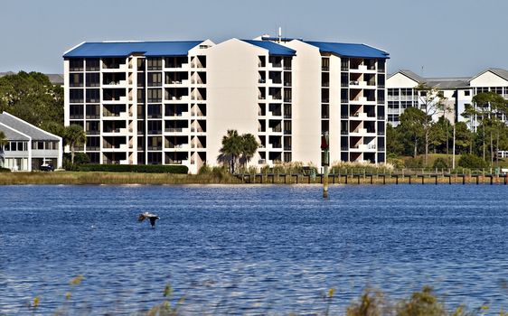 Condos lined along the shore of the ocean in Panama City Beach, Florida.