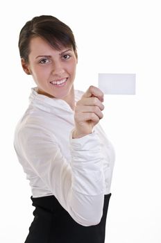Businesswoman showing and handing a blank business card. Business woman in white shirt, high key, focus on card 