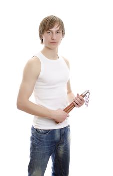 Martial Art. Man with nunchucks. Isolated over white.