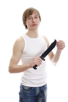 Man with military knife. Isolated on white.