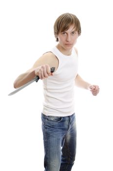 Man with military knife. Isolated on white.