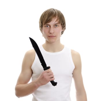 Man with military knife. Isolated on white.