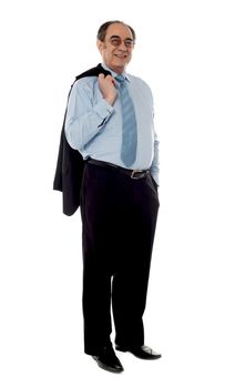 Senior businessman holding coat over his shoulders isolated on white