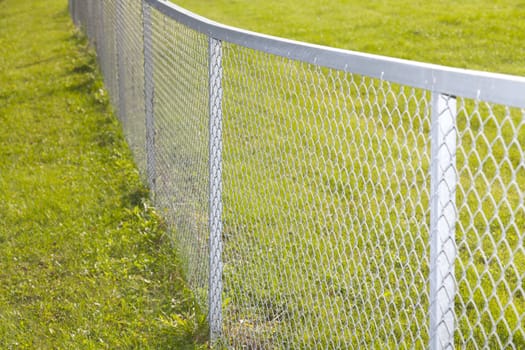 Metallic fence into a field with green grass