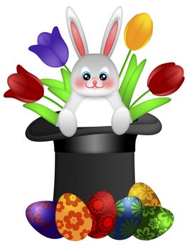 Easter Day Bunny Rabbit in Magician Hat with Painted Eggs and Colorful Tulips Illustration