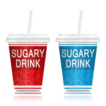 Illustration depicting two fast food drink containers with a sugar concept. Arranged over white.