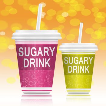 Illustration depicting two fast food drink containers with a sugar concept. Arranged over abstract orange and yellow background.