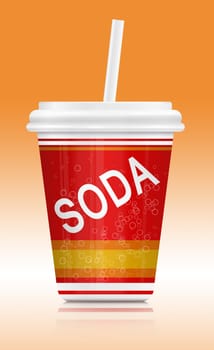 Illustration depicting a fast food soda drink container. Arranged over orange to white gradient.