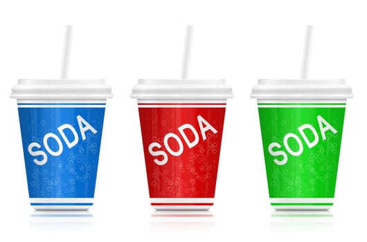 Illustration depicting three fast food soda drink containers. Arranged over white.
