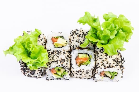 Sushi set with leaves salad on white background
