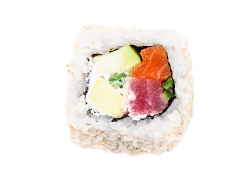 Sushi with avocado and fish on white background isolated