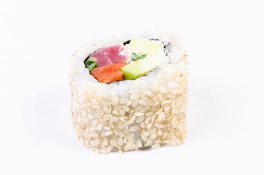 Sushi with avocado and fish on white background 
