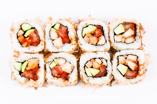 Sushi set with avocado, fish and red caviar on white background
