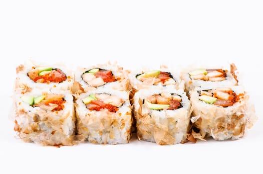 Sushi set with avocado, fish and red caviar on white background