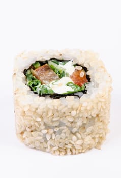 Sushi with leawes salad and paprika on white background