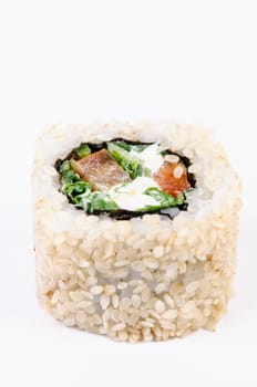 Sushi with leawes salad and paprika on white background