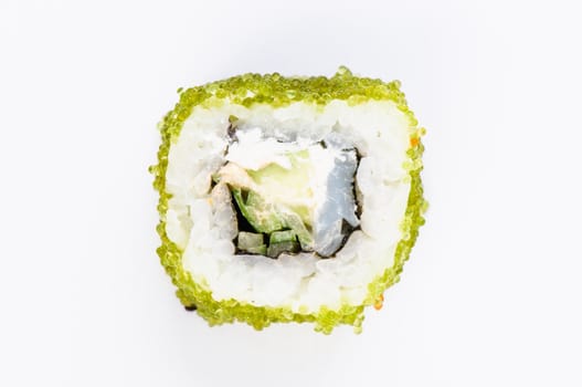 Sushi with fish and green caviar on white background