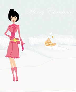 winter girl with gift box