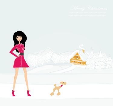 winter girl and her dog