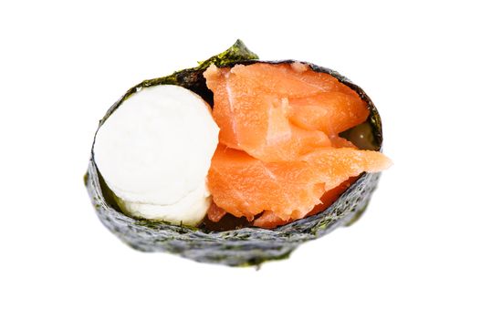 Gunkan sushi with salmon on white background isolated